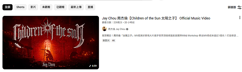 這次的新專輯同名主打歌〈太陽之子〉，MV上線後短短20小時就衝破2百萬觀看，可見周董的魅力不減。&nbsp;&nbsp;&nbsp;圖：翻攝自周杰倫YT頻道