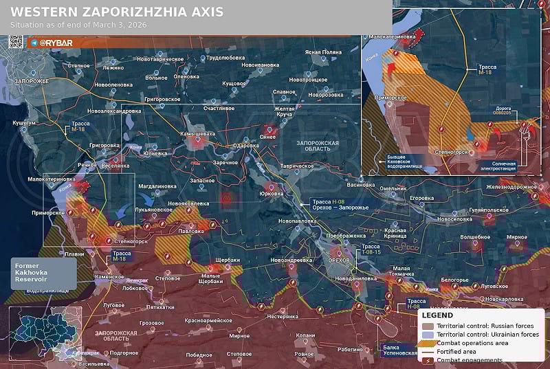  戰略地圖顯示，在扎波羅熱西部戰線，烏軍正沿著卡霍夫卡水庫一線推進，俄軍防線在壓力下持續萎縮，領土主動權逐漸向烏方傾斜。 翻攝自 X @actfast 