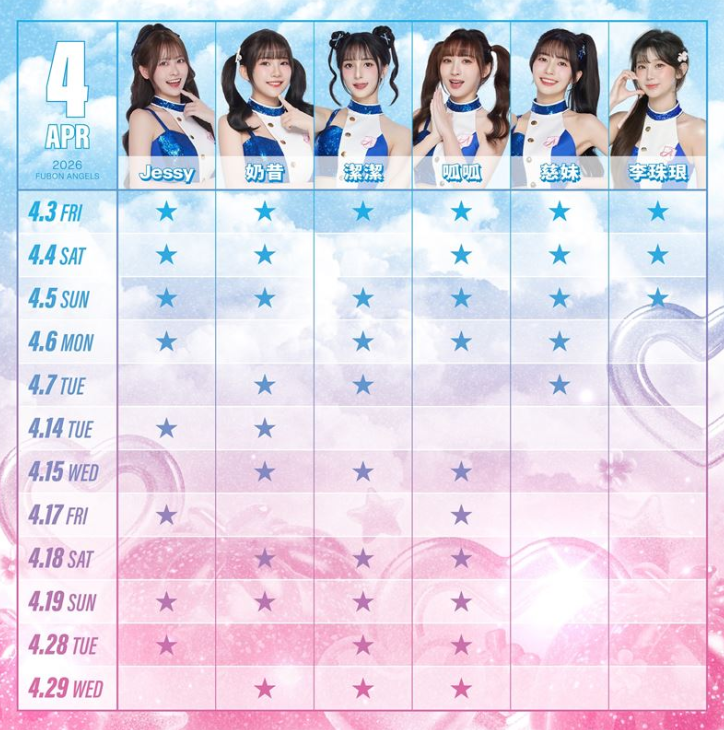今(26)日富邦球團公布4月份啦啦隊班表，李珠珢上場的日子只有3天。&nbsp;&nbsp;&nbsp;圖：翻攝自Fubon Angels FB