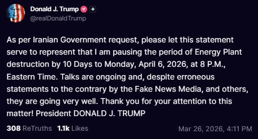 川普宣布再次延後對伊朗能源設施的打擊計畫，有網友推測美軍可能協助主和派的伊朗官員剷除了反對談判的官員，聯手推動和平談判。&nbsp;&nbsp;&nbsp;圖：翻攝自 @rainbow78521 X 帳號