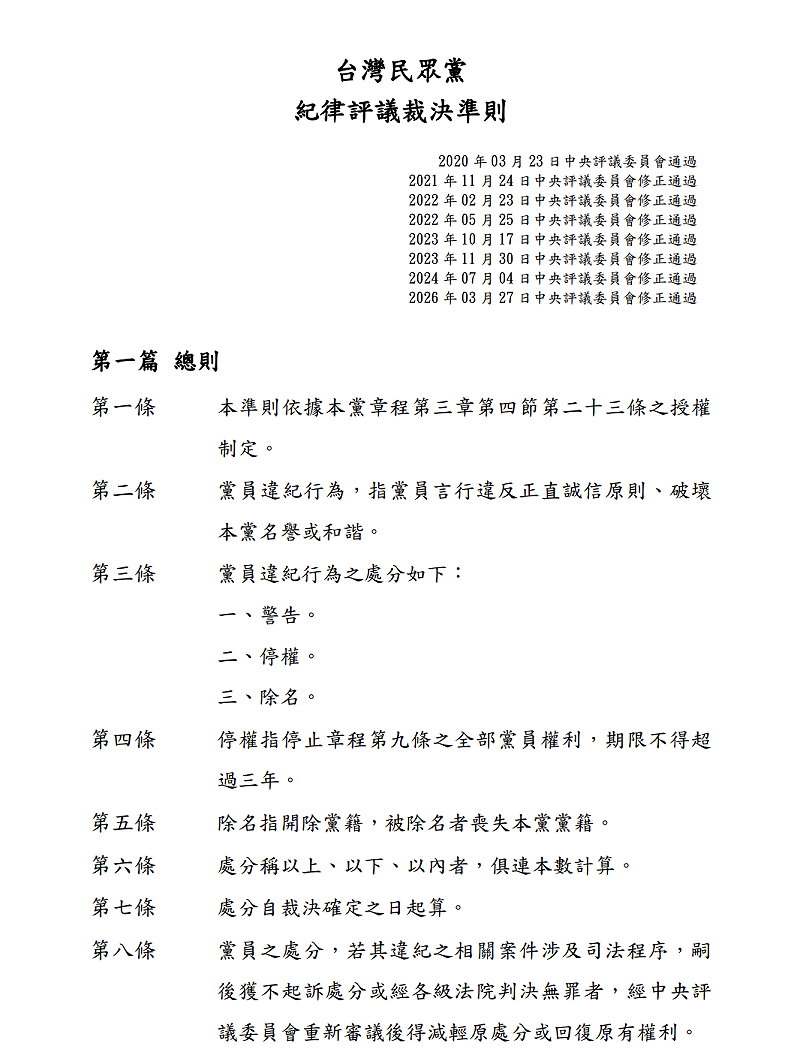 民眾黨今通過最新版「紀律評議裁決準則」。&nbsp;&nbsp;&nbsp;圖：翻攝民眾黨官網