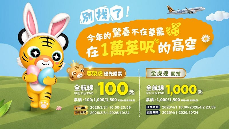 台灣虎航祭出超優惠復活節促銷，要出國的旅客千萬別錯過&nbsp;&nbsp;&nbsp;圖：台灣虎航／提供