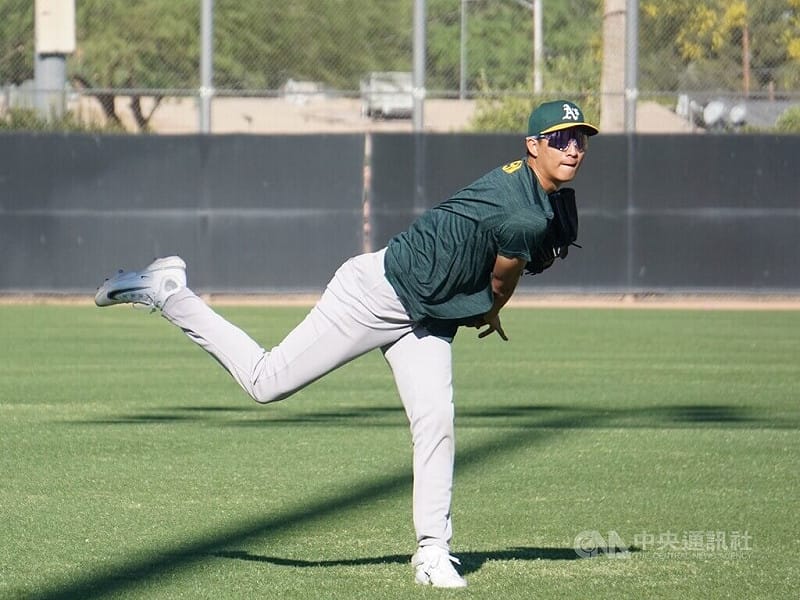 美國職棒運動家隊小聯盟投手沙子宸（圖）3月初在經典賽台日大戰登板投球，讓超級巨星大谷翔平打成平飛球出局，是台灣隊唯一解決大谷翔平的投手。中央社記者林宏翰亞利桑那攝115年3月29日&nbsp;&nbsp;&nbsp;