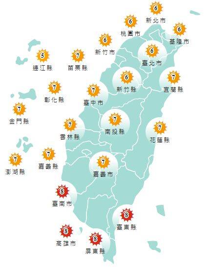 氣象署發布各地紫外線指數預報概況。&nbsp;&nbsp;&nbsp;圖：氣象署提供