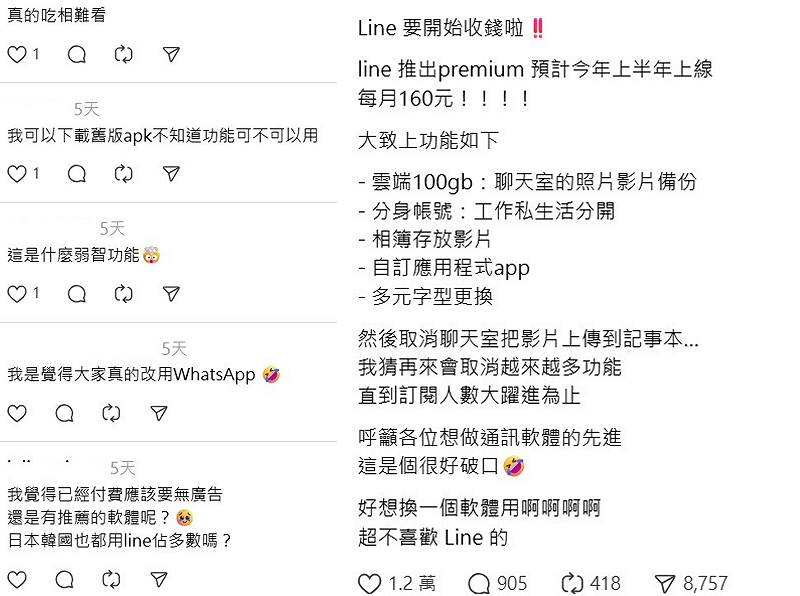 由於LINE收回的幾乎都是大家愛用的功能，因此等於強迫大家付費，引起不少用戶抱怨。&nbsp;&nbsp;&nbsp;圖：翻攝自Threads
