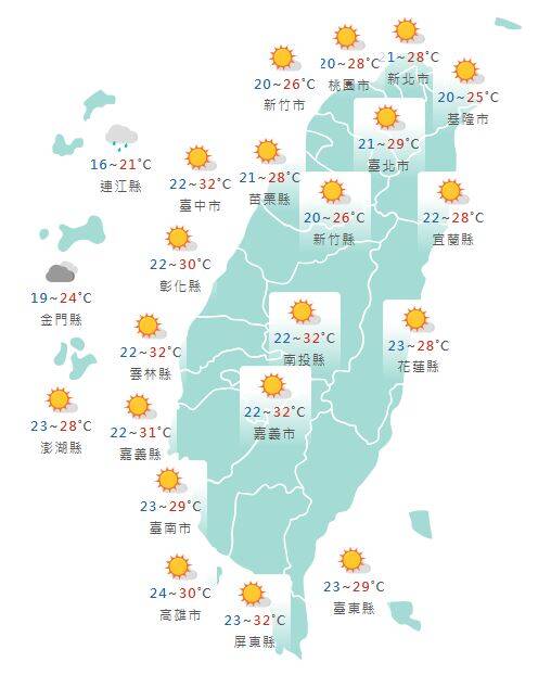 氣象署公布各地天氣預報概況。&nbsp;&nbsp;&nbsp;圖：氣象署提供