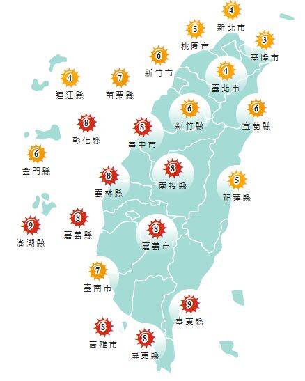 氣象署發布各地紫外線指數預報概況。&nbsp;&nbsp;&nbsp;圖：氣象署提供