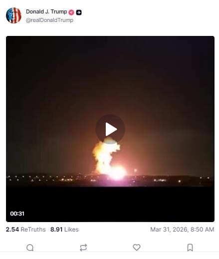 川普本人也透過社群媒體轉發伊斯法罕核設施被打擊的畫面。&nbsp;&nbsp;&nbsp;圖：翻攝自 @realDonaldTrump Truth Social 帳號