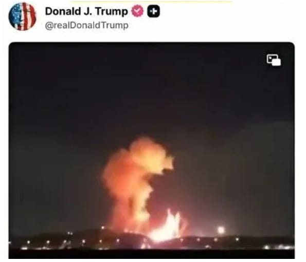 美軍用重磅炸彈轟炸伊斯法罕,川普貼文做即時報導。 圖 : 翻攝自川普社交網路 美軍用重磅炸彈轟炸伊斯法罕,川普貼文做即時報導。 圖 : 翻攝自川普社交網路