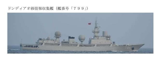 日本海上自衛隊通報，29日上午發現中國海軍815A型電子偵察艦「金星號（舷號799）」穿越對馬海峽進入日本海。&nbsp;&nbsp;&nbsp;圖：翻攝「X」@jointstaffpa