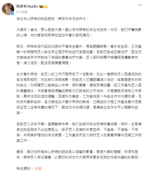 陳妍希表示，為避免傷勢加重，決定聽從醫生建議，將暫時停止工作、持續靜養觀察。&nbsp;&nbsp;&nbsp;圖：翻攝自陳妍希微博