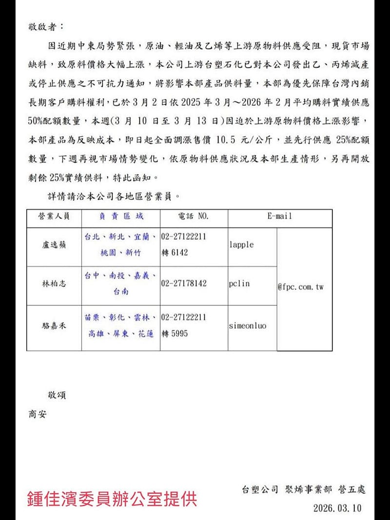 鍾佳濱掌握一份由台塑公司聚烯事業部於3月10日發出的通知，內容顯示該部門早在3月2日即因上游台塑石化乙烯、丙烯減產，對客戶實施「減半供應」。&nbsp;&nbsp;&nbsp;圖：鍾佳濱辦公室提供