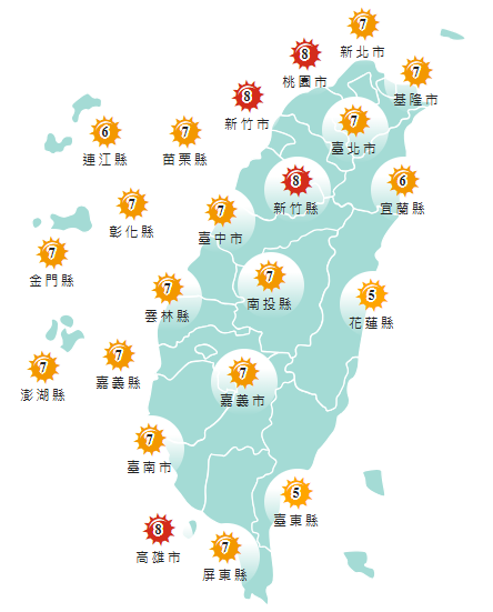 氣象署發布各地紫外線指數預報概況。&nbsp;&nbsp;&nbsp;圖：氣象署提供