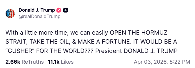 美國總統川普3日再度透過社群平台發文，聲稱美方只要再多一點時間，就能「打開」荷莫茲海峽、拿到石油，並大賺一筆。&nbsp;&nbsp;&nbsp;圖:翻攝自truth social