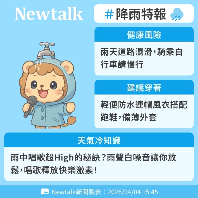 雨中唱歌超High的秘訣？雨聲白噪音讓你放鬆，唱歌釋放快樂激素！ 圖：Newtalk製表&nbsp;&nbsp;&nbsp;