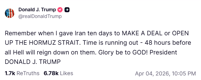 美國總統川普於社群平台發文，警告伊朗若48小時內未讓步，將面臨「地獄降臨」，強硬言論引發國際關注。&nbsp;&nbsp;&nbsp;圖:翻攝自Truth Social
