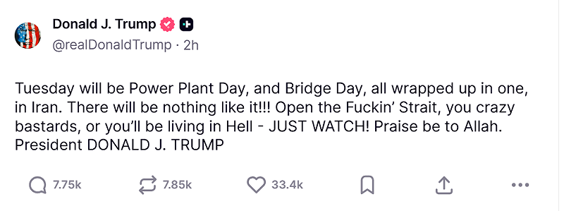 川普在社群平台連續發文，直接以「電廠之日、橋梁之日」預告對伊朗可能行動。&nbsp;&nbsp;&nbsp;圖:翻攝自Truth Social