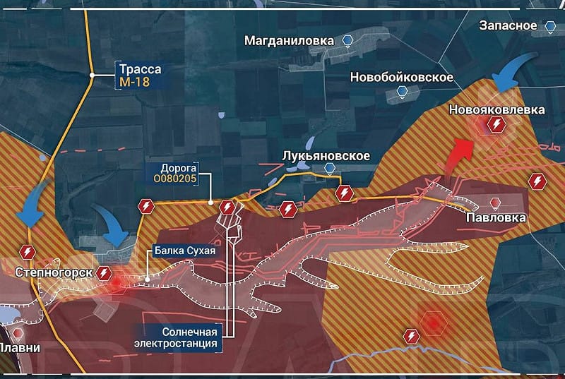  烏軍正於扎波羅熱方向推進，在斯捷普諾希爾斯克與諾沃亞科夫利夫卡展開攻勢，其中斯捷普諾希爾斯克的戰鬥已進入市中心。 圖：翻攝自 X Churchill 