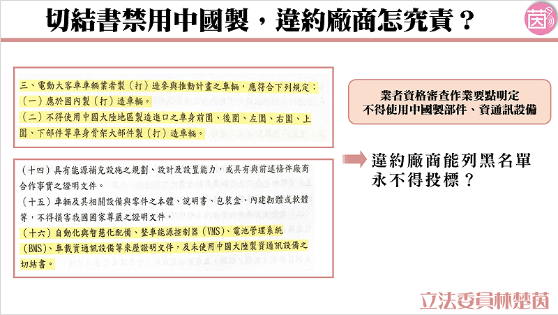 民進黨立委林楚茵踢爆退輔會轉投資的欣欣客運與大南客運，採購的電動公車環景監視系統竟使用中國華為子公司「海思半導體」晶片。&nbsp;&nbsp;&nbsp;圖：立法委員林楚茵辦公室提供