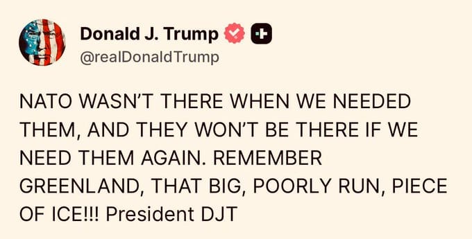  川普強調，北約此次未對美國提供幫助，未來也可能在美國需要的時候拒絕提供協助，隨後又再次提起格陵蘭問題。 圖：翻攝自 @Gerashchenko_en X 帳號 