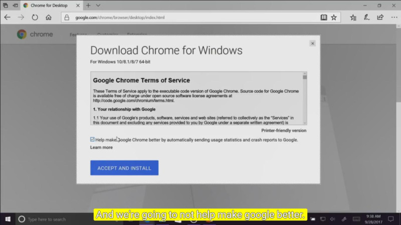 無奈安裝Chrome的畫面。   圖：翻攝自Microsoft Ignite YouTube