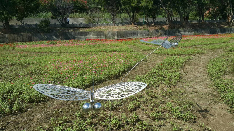「繽紛夢翔」的裝置藝術，以蝴蝶娉婷及蜻蜓的飛翔，象徵櫻花步道豐富而多元的生態，巨大的蜻蜓與蝴蝶飛舞在花田中。   圖：桃園市農業局/提供