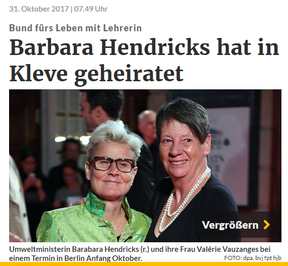 德國《萊因郵報》報導，環境部長芭芭拉·亨德里克斯（右）與女友30日正式步上紅毯。   圖：翻攝《萊因郵報》