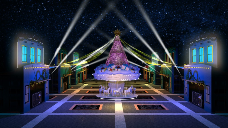 今年歡樂耶誕城將在站前廣場新增全新打造的《耶誕光之舞》，要把站前廣場化身為最閃耀繽紛的耶誕樂園。   圖：新北市府提供模擬圖