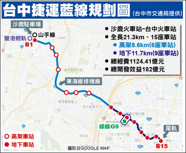 台中捷運藍線規劃圖。   圖：台中市政府/提供