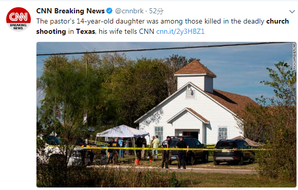 美國德州索塞蘭泉）1間浸信會教堂5日驚傳遭到槍手闖入掃射，至少造成27人死亡，警方封鎖現場進行調查。   圖：翻攝CNN Breaking News‏推特