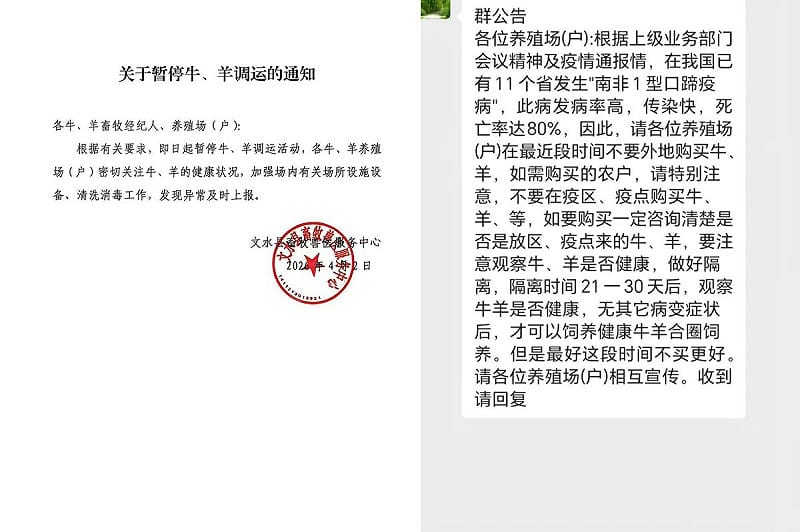 山西文水縣畜牧獸醫服務中心 4 月 2 日發布正式通知,要求即日起暫停牛羊調運,並強化消毒與健康監測措施。 圖:翻攝自X帳號@whyyoutouzhele 山西文水縣畜牧獸醫服務中心 4 月 2 日發布正式通知,要求即日起暫停牛羊調運,並強化消毒與健康監測措施。 圖:翻攝自X帳號@whyyoutouzhele