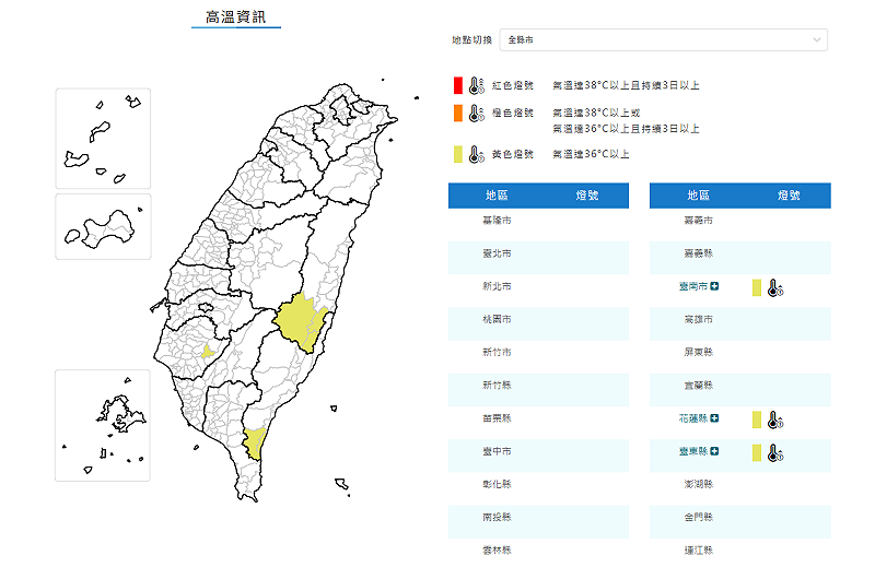 氣象署今日對台東縣、屏東縣和花蓮縣3個縣市，發布高溫特報。&nbsp;&nbsp;&nbsp;圖：翻攝自氣象署