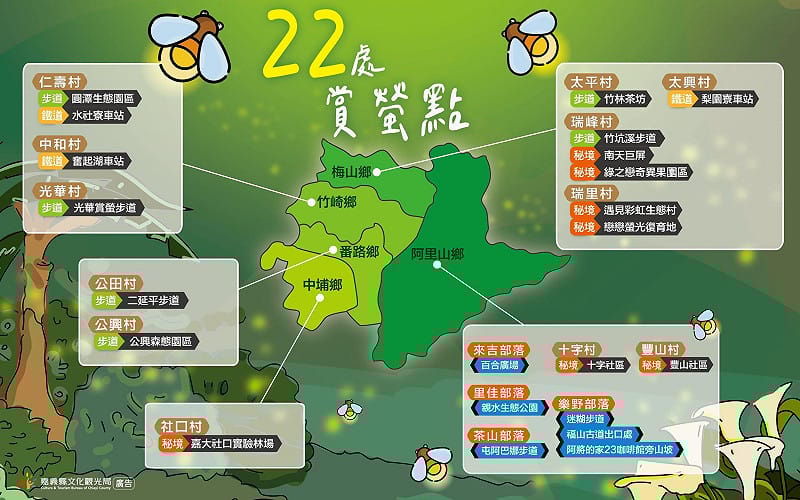 嘉義山區處處可賞螢，賞螢地點可區分四大類，步道賞螢、部落賞螢、秘境賞螢及鐵道賞螢。&nbsp;&nbsp;&nbsp;圖：嘉義縣政府／提供