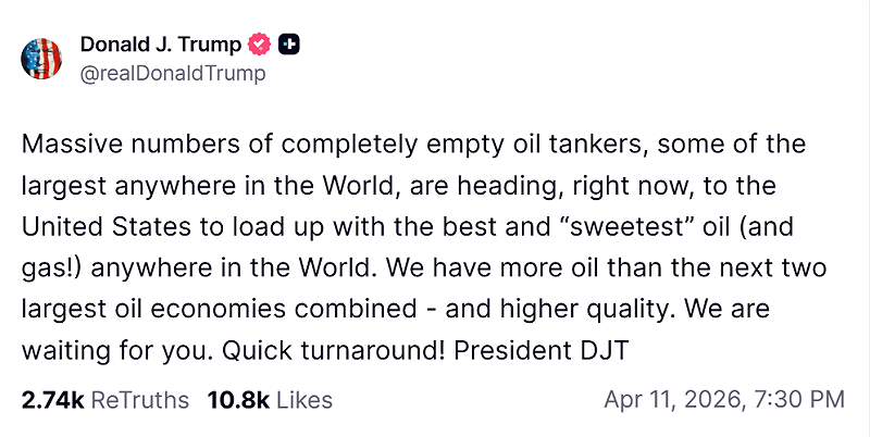 川普於社群媒體發文稱大量空載油輪正駛向美國，強調將裝載高品質石油與天然氣。&nbsp;&nbsp;&nbsp;圖：翻攝自社群平台Truth