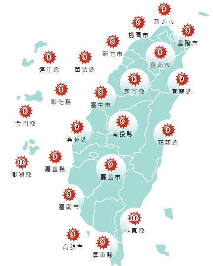 氣象署發布各地紫外線指數預報概況。&nbsp;&nbsp;&nbsp;圖：氣象署提供