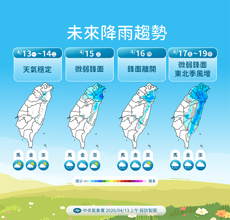 中央氣象署表示，週三開始鋒面通過，東北部及北部開始降雨。&nbsp;&nbsp;&nbsp;圖：氣象署／提供