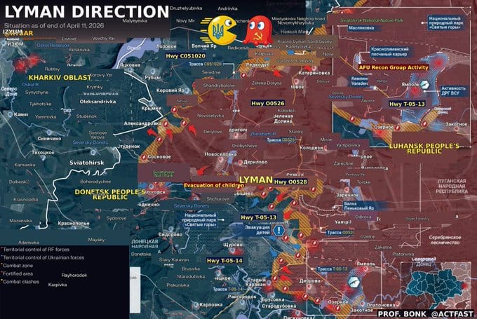  烏軍在頓涅茨克地區突破了俄軍部隊建立的防線，並準備以該區域為立足點，擴大對利曼地區俄軍陣地的打擊。 圖：翻攝自 @actfast X 帳號 