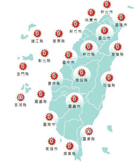 氣象署發布各地紫外線指數預報概況。&nbsp;&nbsp;&nbsp;圖：氣象署提供