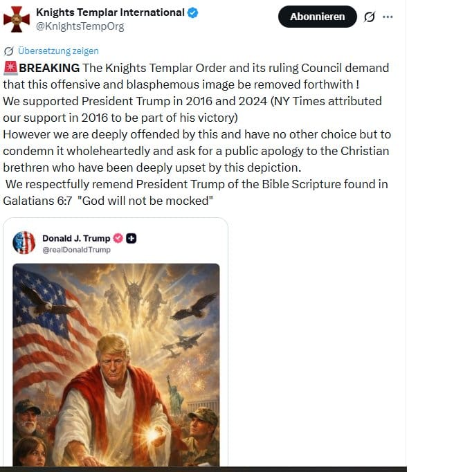 國際聖殿騎士組織也針對川普發起批評,質疑川普「褻瀆」、「僭越」上帝。 圖:翻攝自 @rainbow78521 X 帳號 國際聖殿騎士組織也針對川普發起批評,質疑川普「褻瀆」、「僭越」上帝。 圖:翻攝自 @rainbow78521 X 帳號