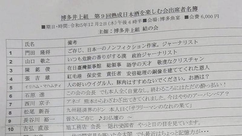 張吉雄出席日本地方人士的餐會，在貴賓名單上備註為紅毛港保安堂負責人、建立安倍銅像的恩人。&nbsp;&nbsp;&nbsp;圖：張吉雄/提供
