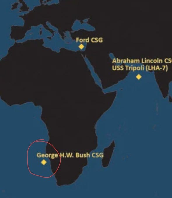  「布希號」抵達後，美軍在中東地區部署的航母數量將來到三艘，外界認為美國可能正在準備與伊朗重新開戰。 圖：翻攝自 @Aurora107E X 帳號 
