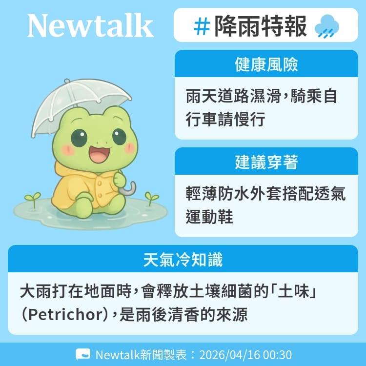 大雨打在地面時，會釋放土壤細菌的「土味」（Petrichor），是雨後清香的來源 圖：Newtalk製表&nbsp;&nbsp;&nbsp;