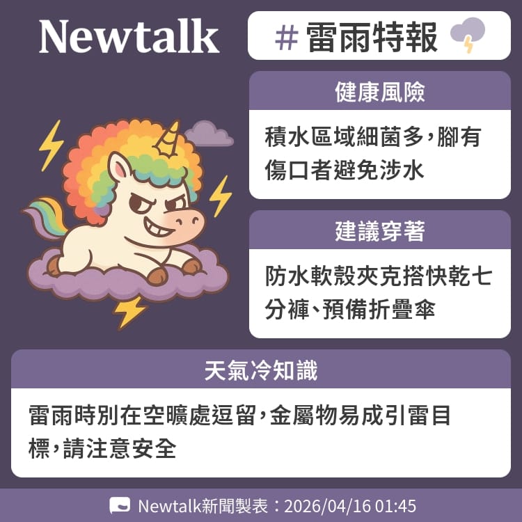雷雨時別在空曠處逗留，金屬物易成引雷目標，請注意安全 圖：Newtalk製表&nbsp;&nbsp;&nbsp;