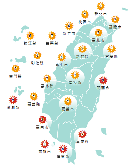 氣象署發布各地紫外線指數預報概況&nbsp;&nbsp;&nbsp;圖：氣象署提供