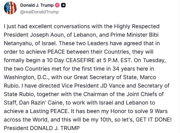 在以色列答應停火 10 日後，川普也透過 Truth Social 發布貼文，高調慶祝自己「終止」的第 10 場戰爭。 圖：翻攝自 @nexta_tv X 帳號 