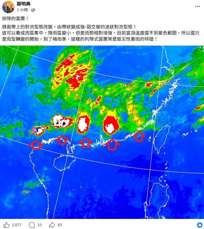 鄭明典指出，這代表鋒面帶上的對流型態改變，由帶狀變成強弱交替的波狀對流型，這類型雲團雨區集中，降雨區變小，但是雨勢相對增強。&nbsp;&nbsp;&nbsp;圖：翻攝自鄭明典臉書