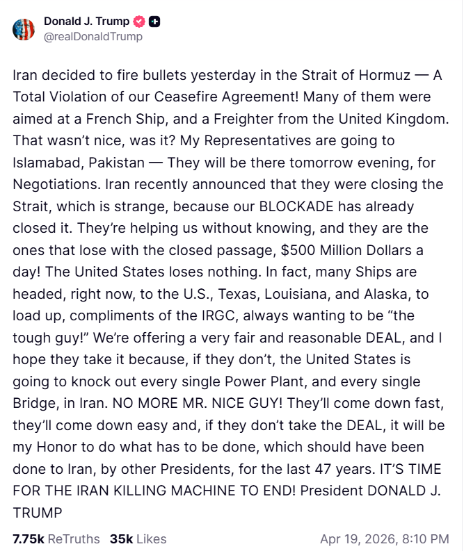 川普社群發文表示，美方代表將赴巴基斯坦與伊朗重啟談判，並警告若伊朗不接受協議，美國將炸電廠、橋梁。&nbsp;&nbsp;&nbsp;圖:翻攝自truth social