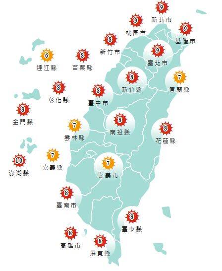 氣象署發布各地紫外線指數預報概況&nbsp;&nbsp;&nbsp;圖：氣象署提供