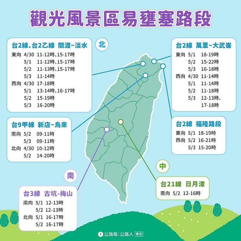 觀光風景區易壅塞路段一覽。&nbsp;&nbsp;&nbsp;圖：公路局／提供