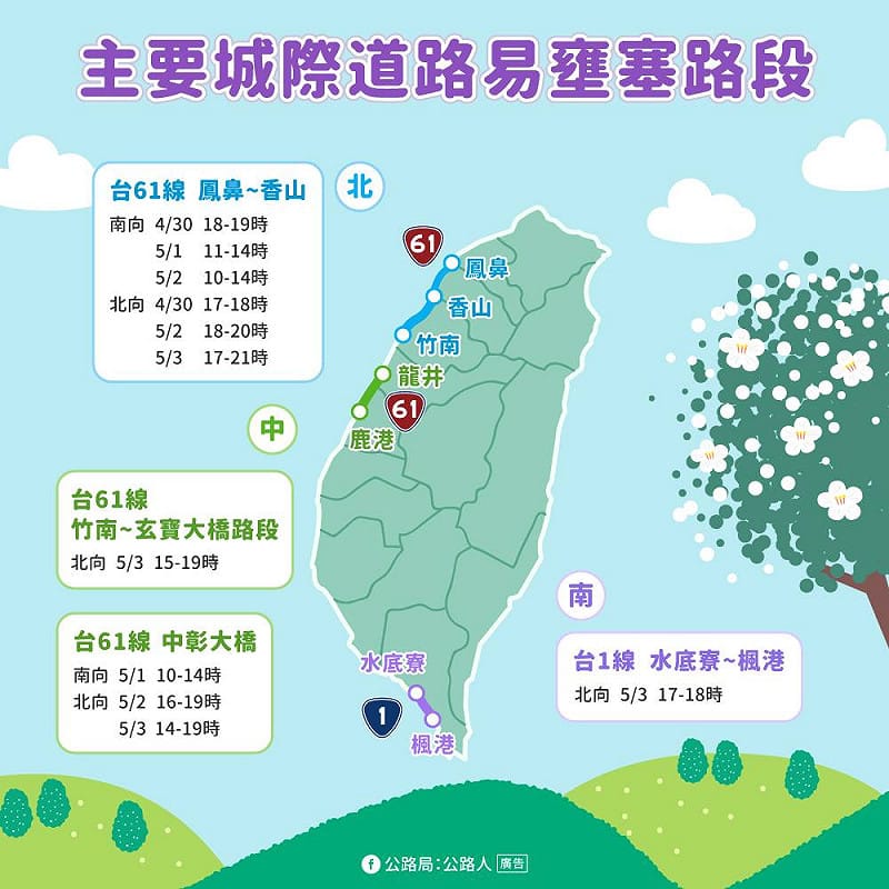 主要城際道路易壅塞路段。&nbsp;&nbsp;&nbsp;圖：公路局／提供